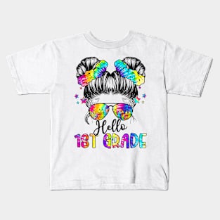 Hello 1st Grade Back To School Messy Hair Bun Girl Tie Dye Kids T-Shirt